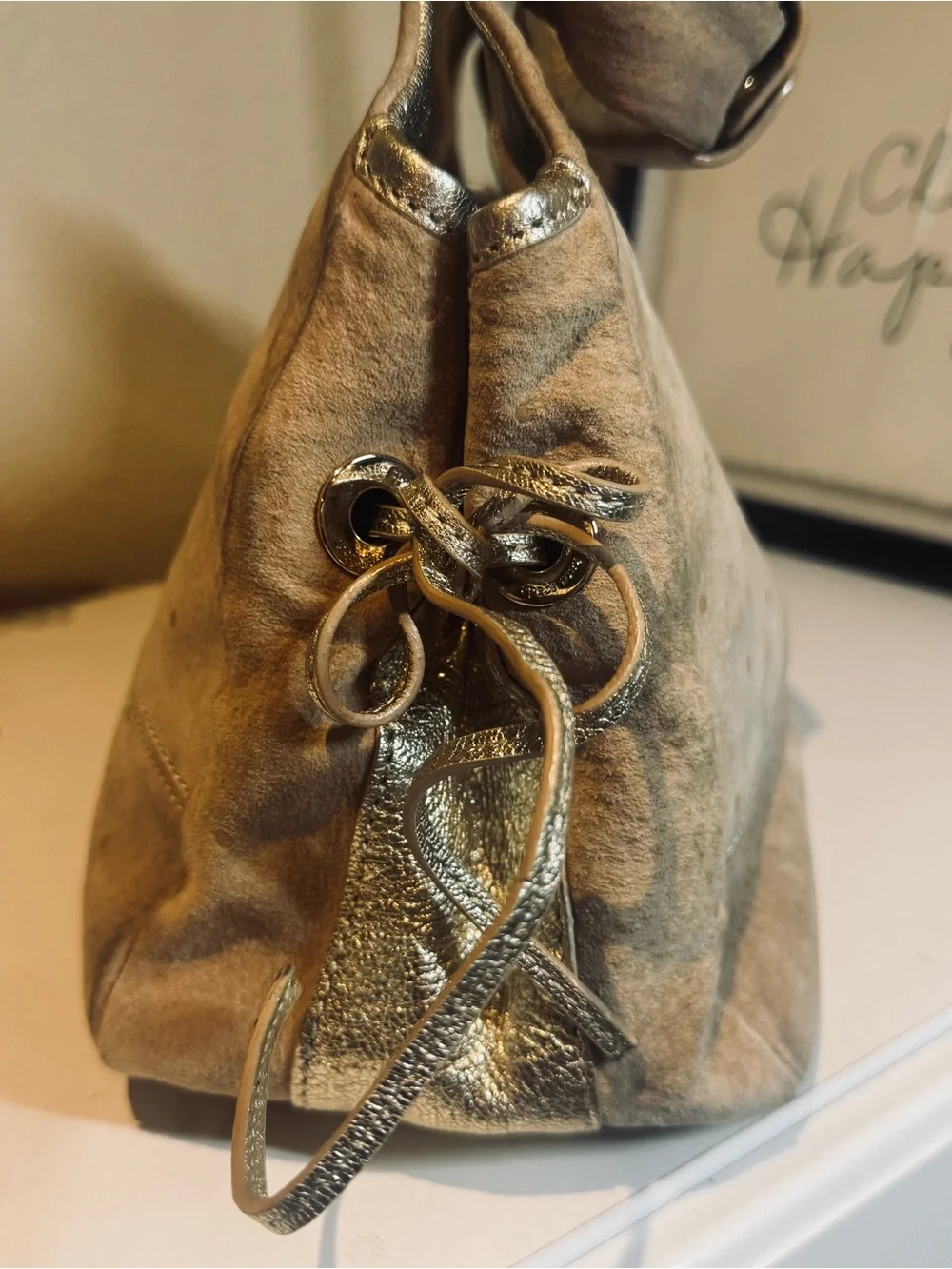 Kate Spade Beige Suede Tote Handbag - Gold Accents